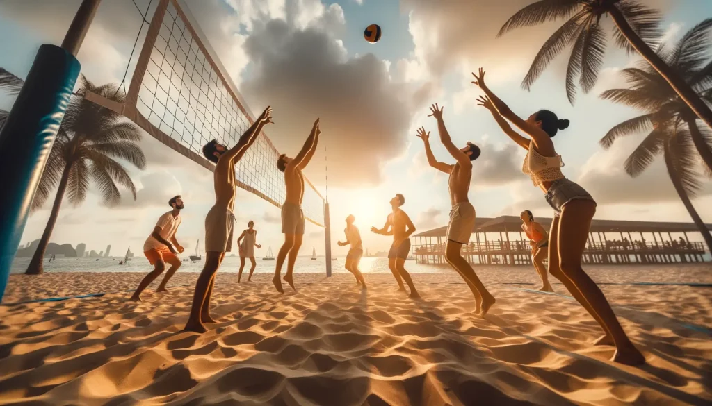 Diverse players practicing serves on a beach at sunset