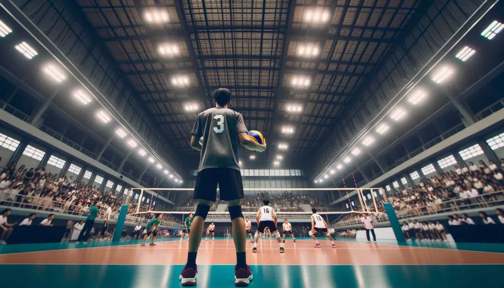Player preparing to serve in an indoor volleyball match