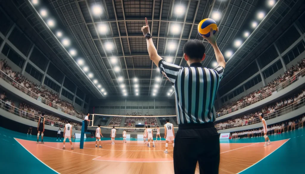 Referee indicating a serving fault during a volleyball game